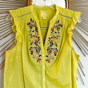 Anthropologie Lime Embroidered Short Sleeved Blouse